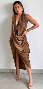 Resort Vibes Mocha Asymmetrical Midi Dress