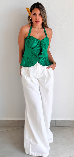 Impressive Style Pleated Green Halted Top