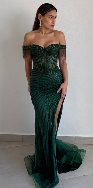 Glamorous Entrance Emerald Rhinestones Off Shoulder Gown