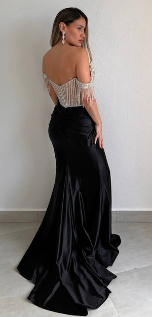 Glamorous Entrance Black Rhinestones Off Shoulder Gown