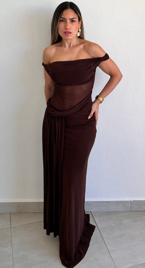 Trendsetting Design Brown Mesh Long Dress