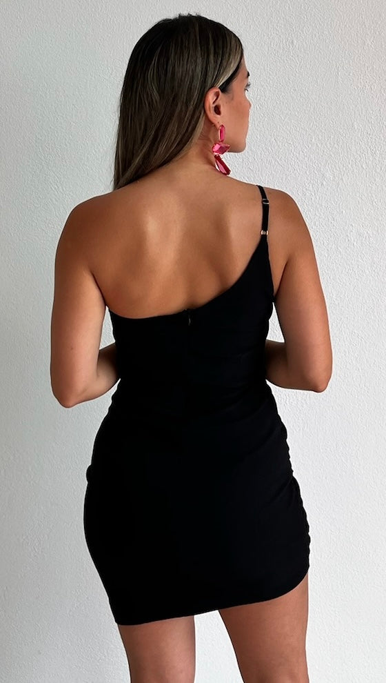 Impeccable Essence Black One-Shoulder Dress