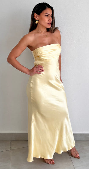 Exquisitely Chic Butter Yellow Satin Long Dress