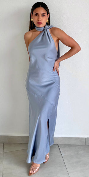 Still the One Light Blue One-Shoulder Satin Midi Dress