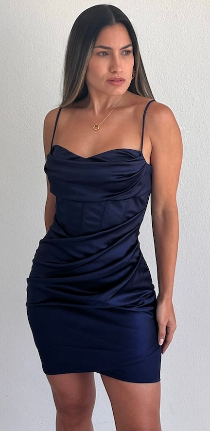 Sleek Essence Navy Satin Corset Bodycon Dress