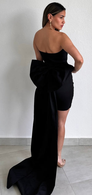 Ohh Bow Black Strapless Bodycon Dress