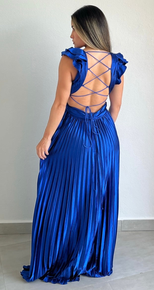 Devoted to Beauty Royal Blue Ruffle & Plated Maxi Dress
