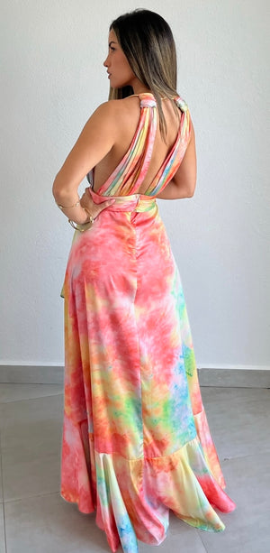 Perfect Aura Print Satin High-Low Maxi Dress