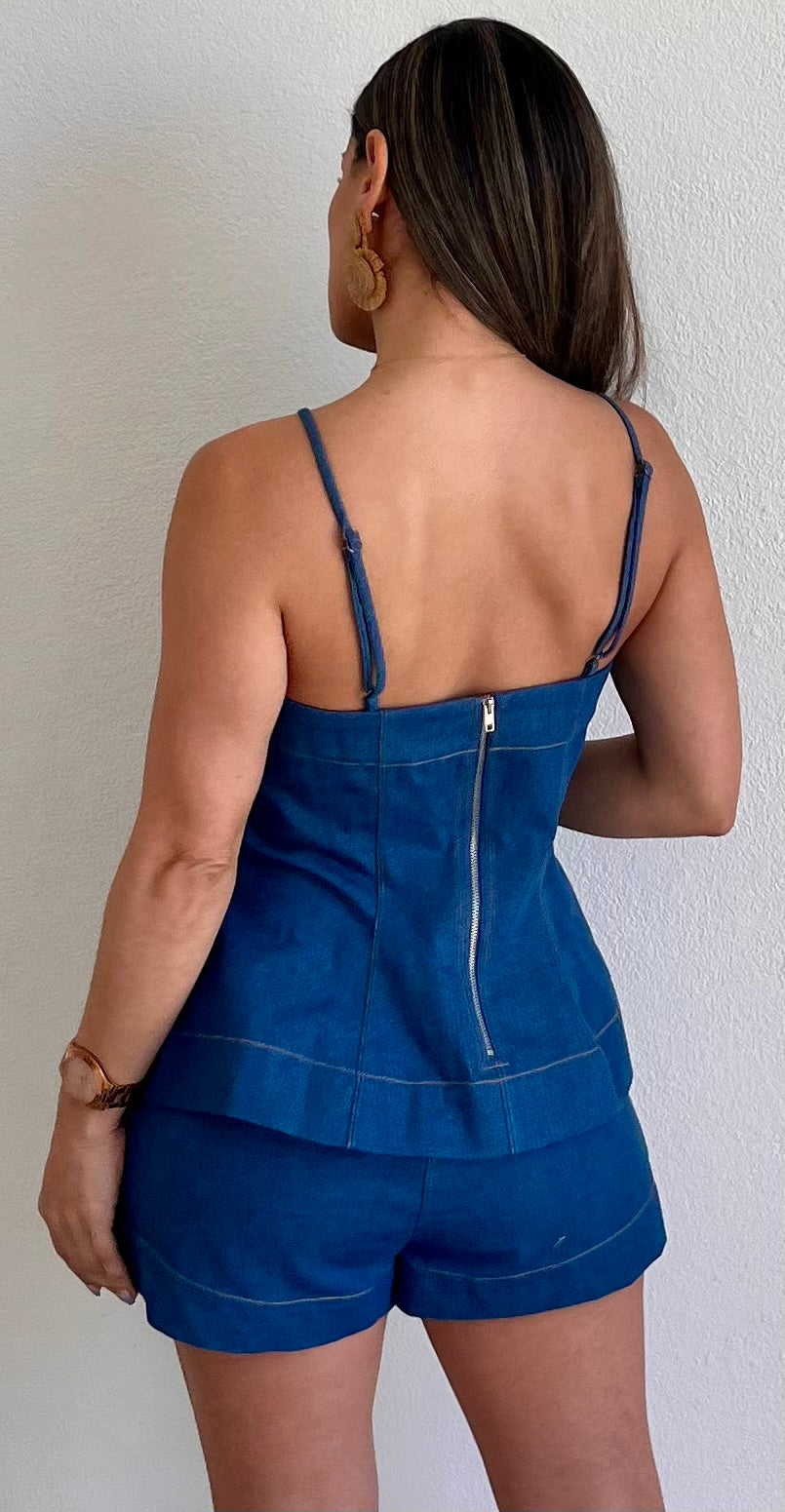Poised Paring Denim Two Piece Set
