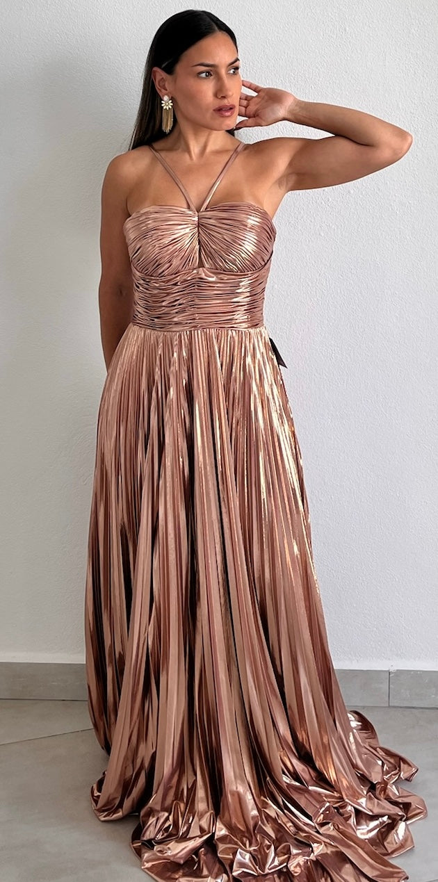 Metallic Angel Rose Gold Pleated Formal Gown