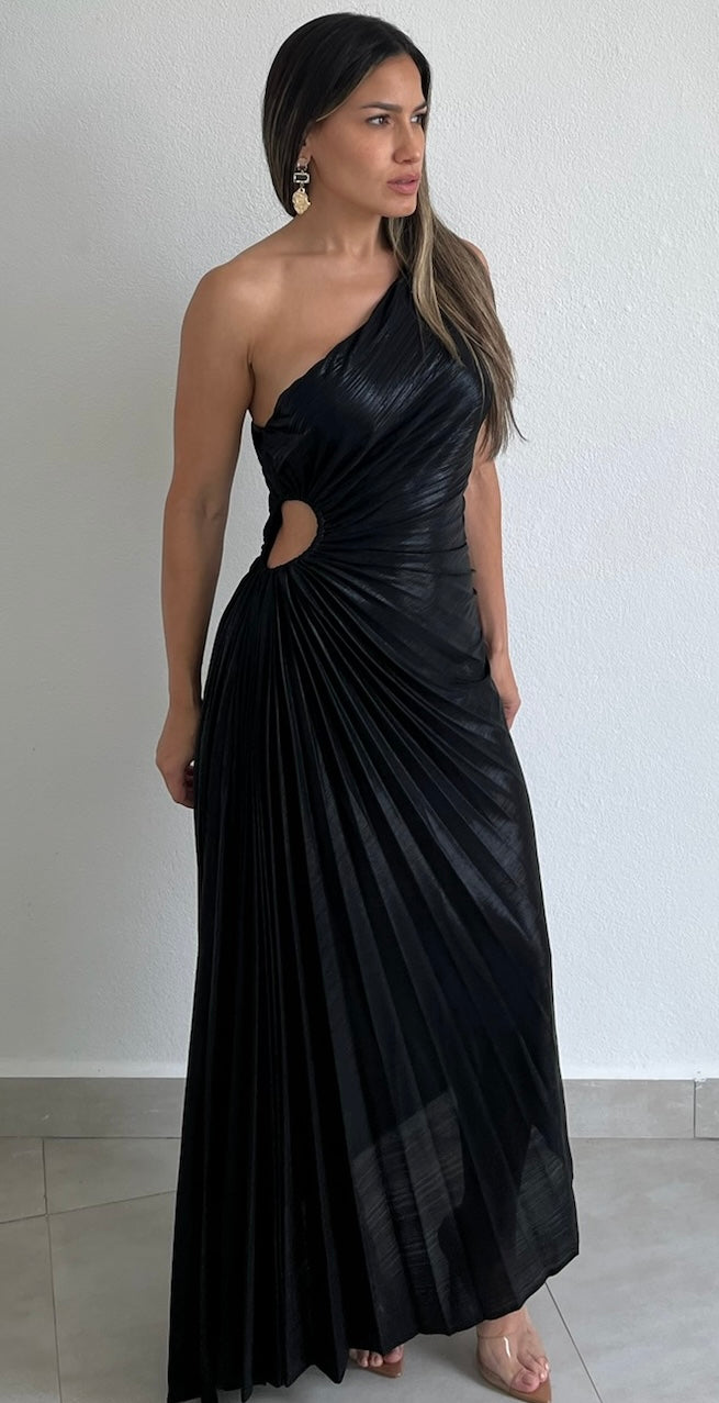 Elegant Occasion Black One-Shoulder Midi Dress