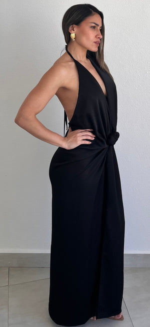 Ultimate Desire Black Halter Satin Dress