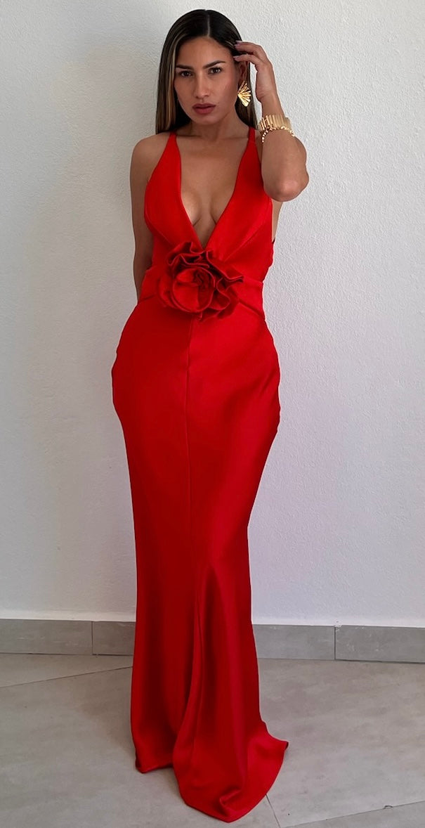 Always Beloved Rose Red Satin Long Dress