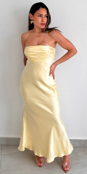 Exquisitely Chic Butter Yellow Satin Long Dress