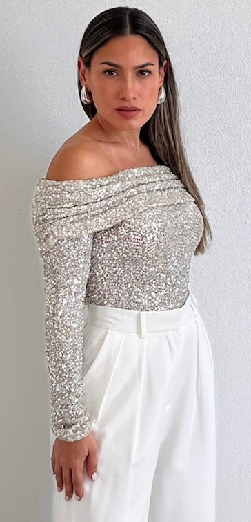 Sparkling Behavior Sequins Off-Shoulder Top