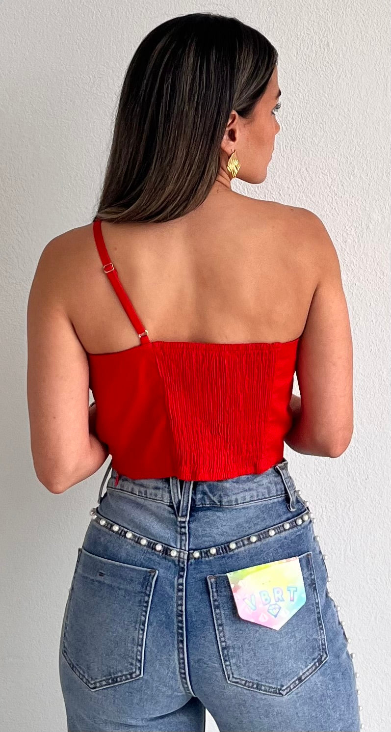 Bloom Style Red One-Shoulder Crop Top