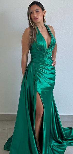 Dramatic Stunner Emerald Halter Satin Formal Gown