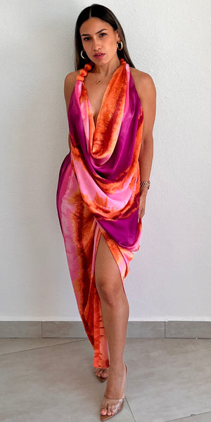 Resort Vibes Pink Print Asymmetrical Midi Dress