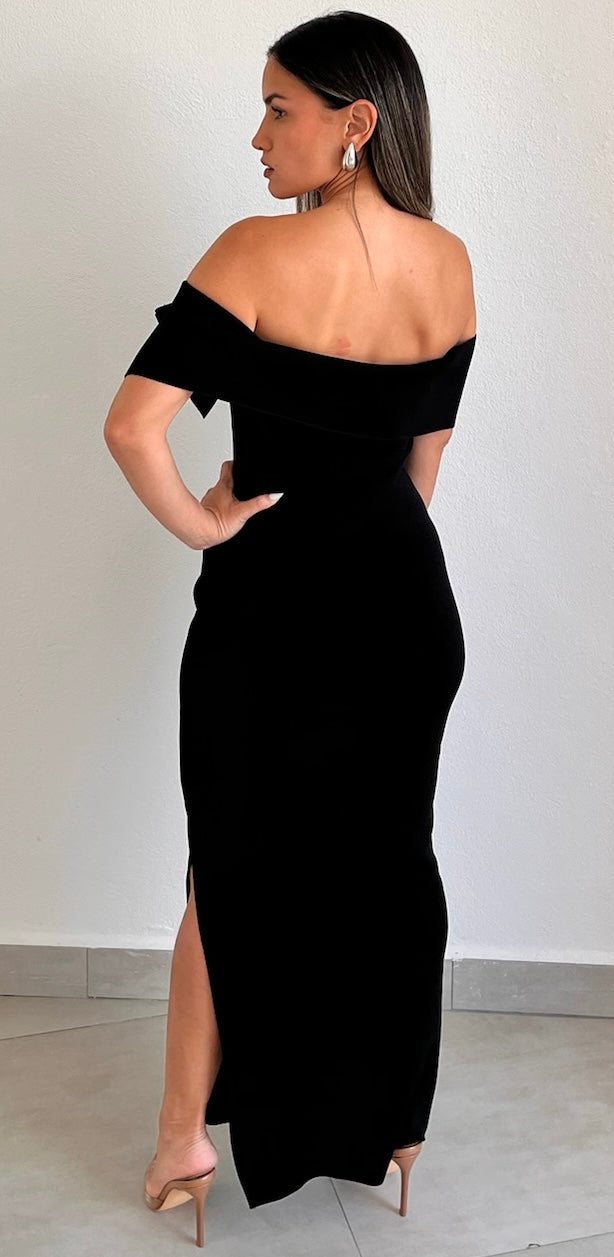 Wow Bow Off-Shoulder Black Midi Dress