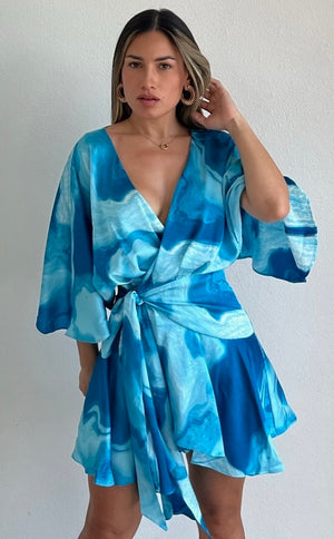 Flirty Ways Turquoise Print Satin Romper