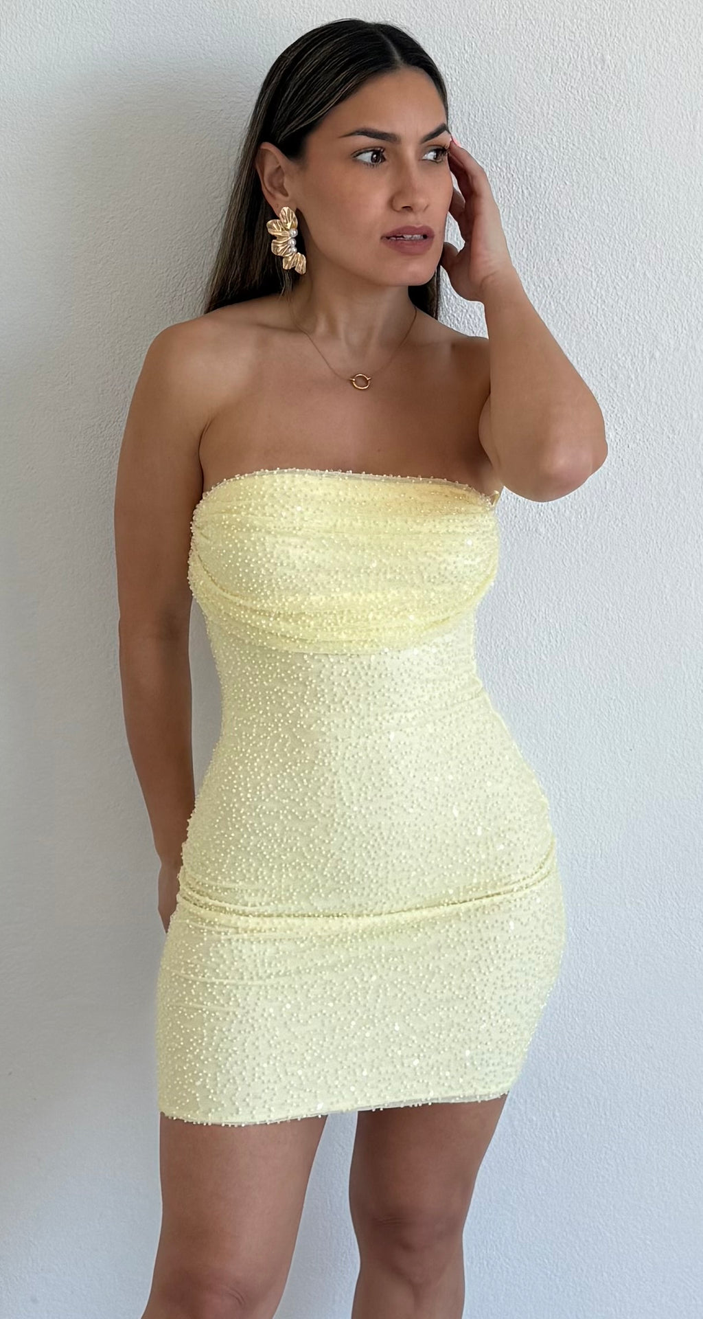 Delicate Destiny Yellow Beads Mini Dress