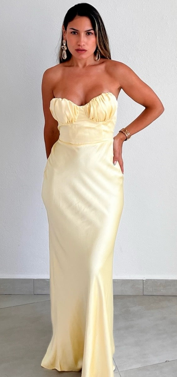 Such a Delight Lemon Satin Long Dress