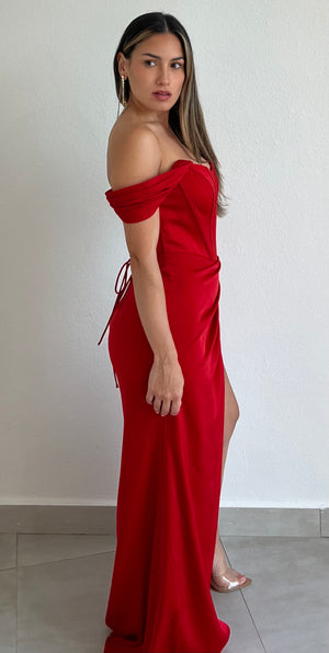 Majestic Perfection Red Off-Shoulder Satin Formal Gown