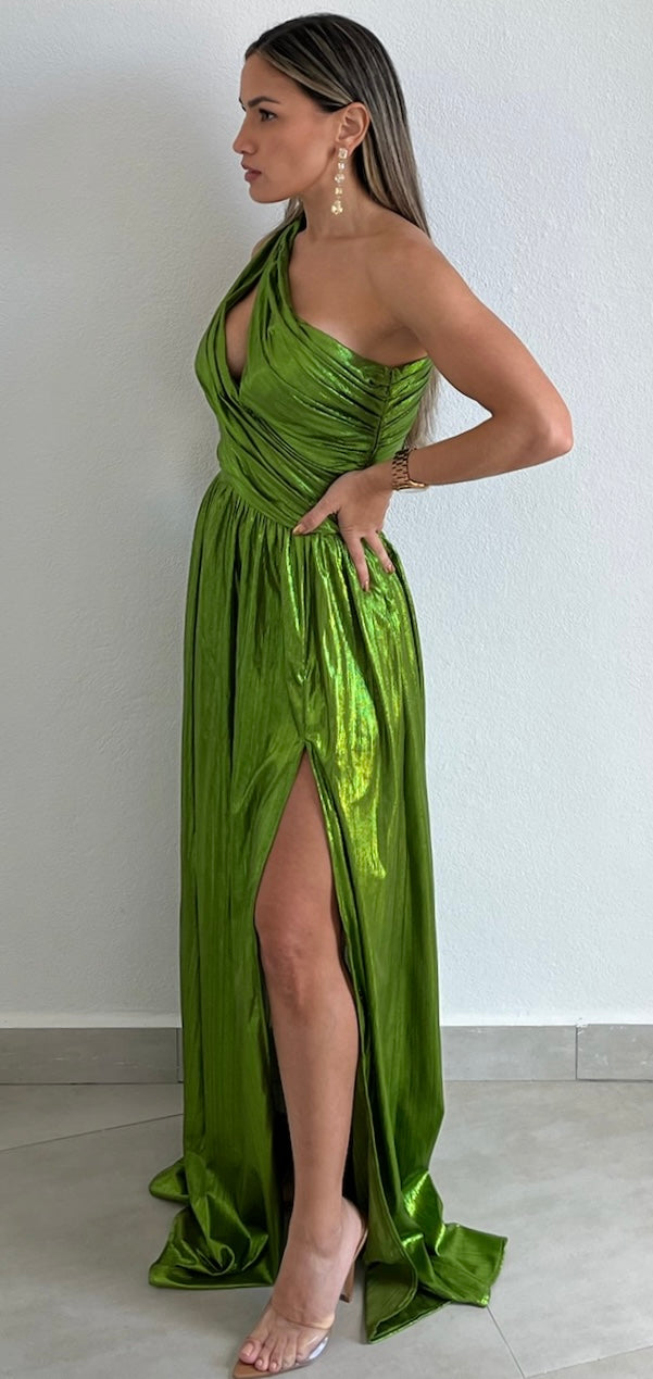 That Golden Girl Green Metallic One-Shoulder Formal Dress
