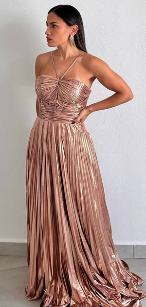 Metallic Angel Rose Gold Pleated Formal Gown