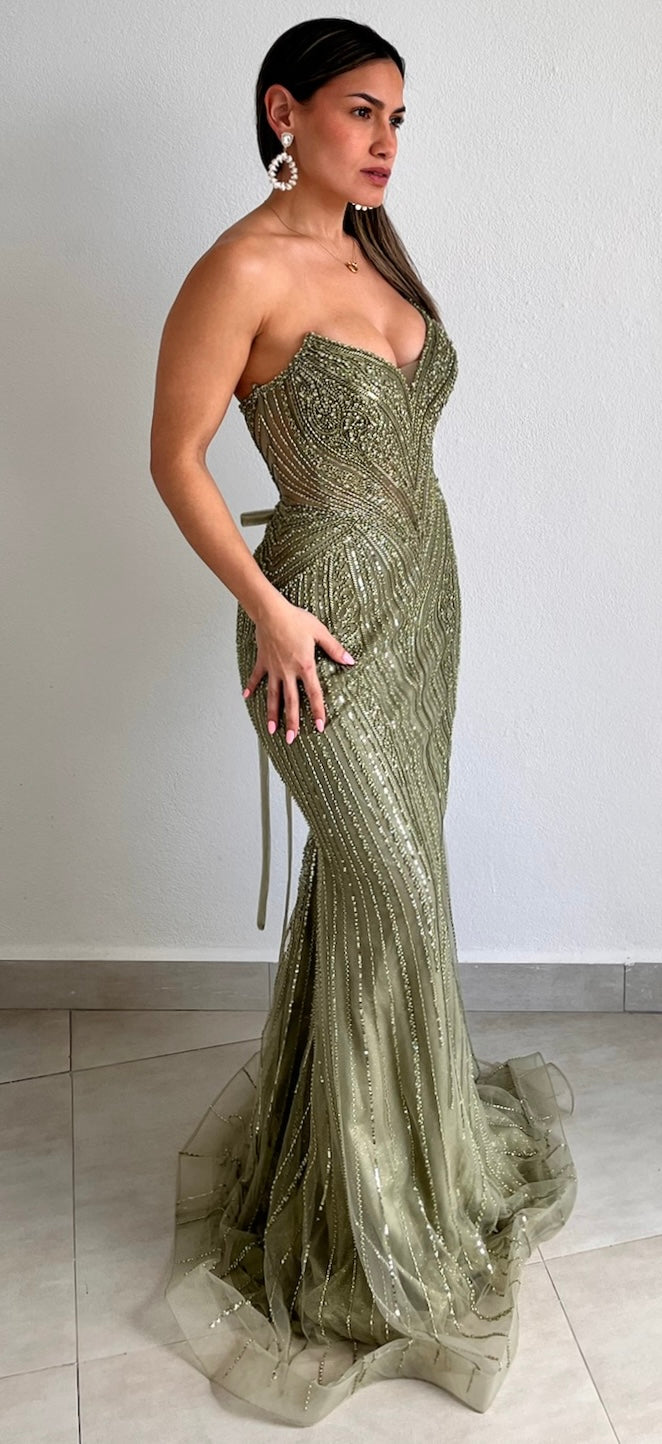 Forever Glam Greenery Beaded Mermaid Formal Gown