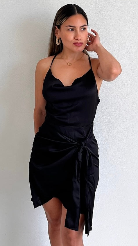 Exquisite Approach Black Satin Mini Dress