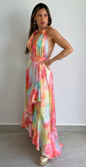 Perfect Aura Print Satin High-Low Maxi Dress