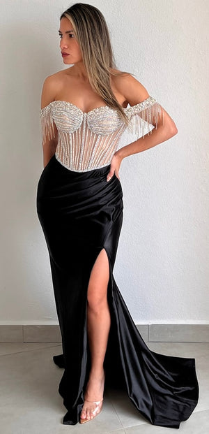 Glamorous Entrance Black Rhinestones Off Shoulder Gown