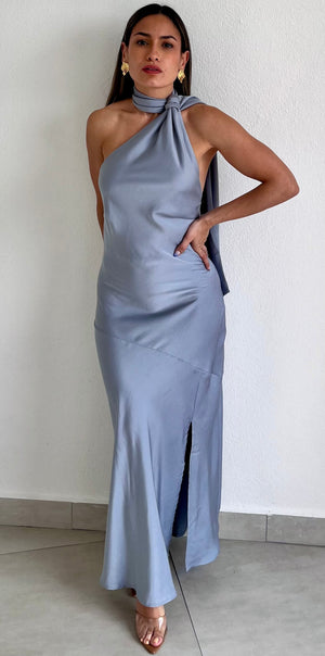 Still the One Light Blue One-Shoulder Satin Midi Dress