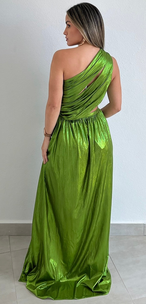 That Golden Girl Green Metallic One-Shoulder Formal Dress