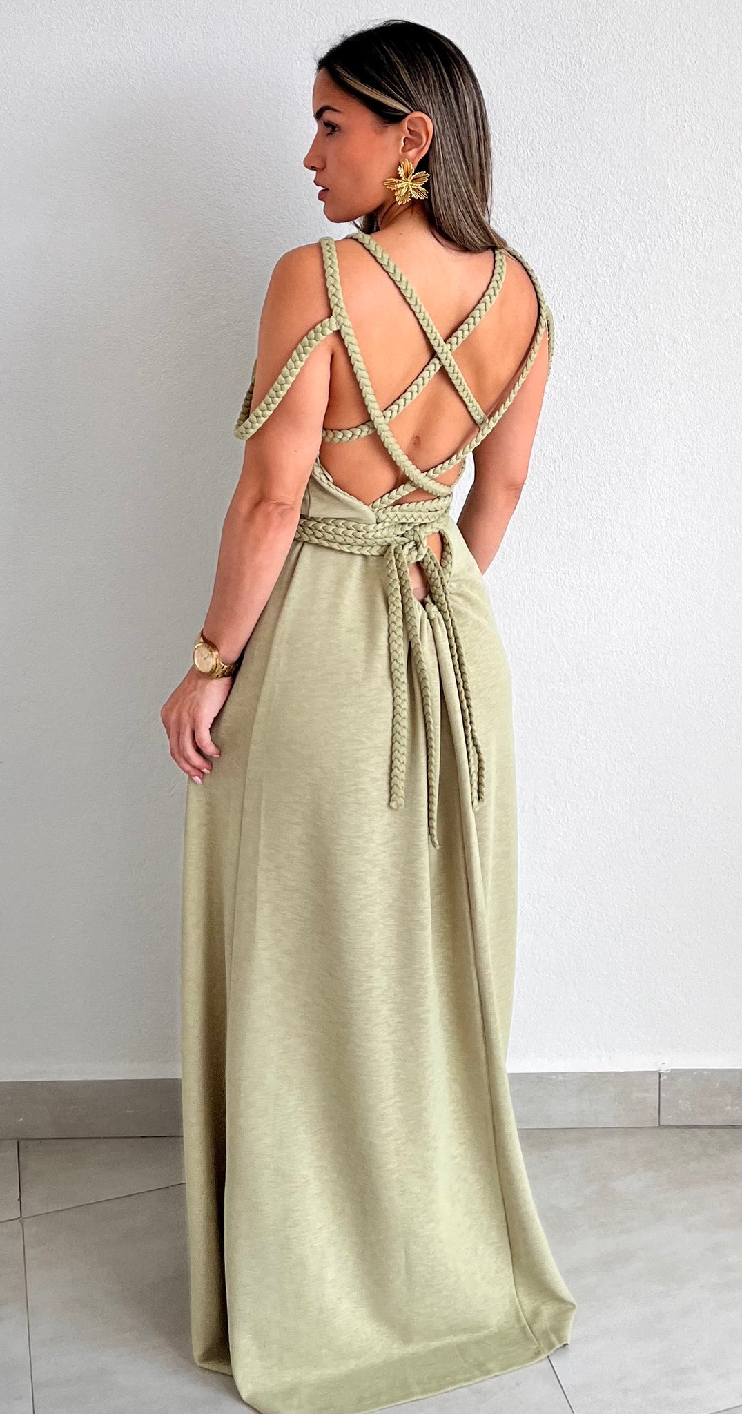 Goddess in Sage and Braids Maxi Dress