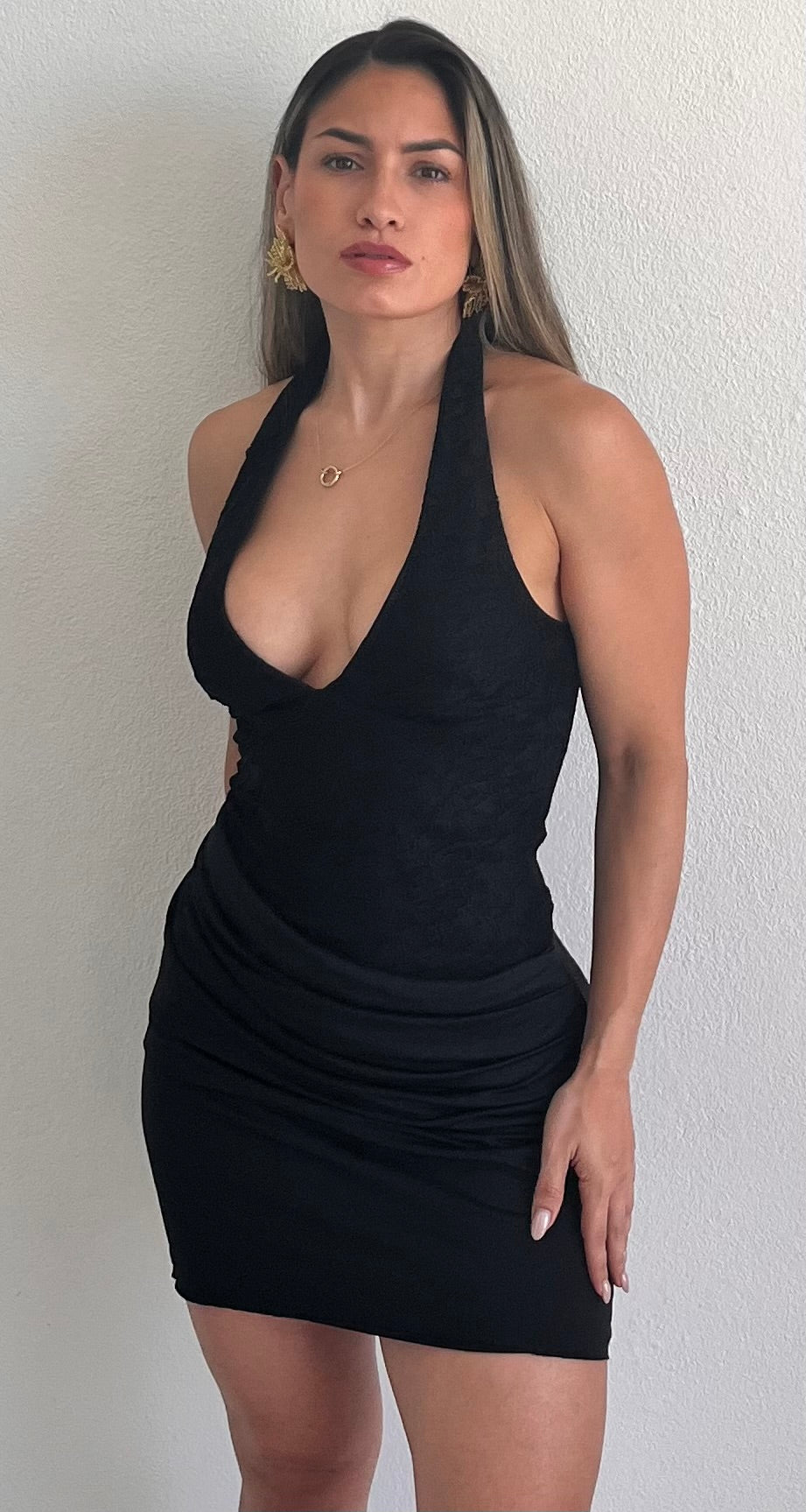 Perfected Finesse Black Lace Halter Dress