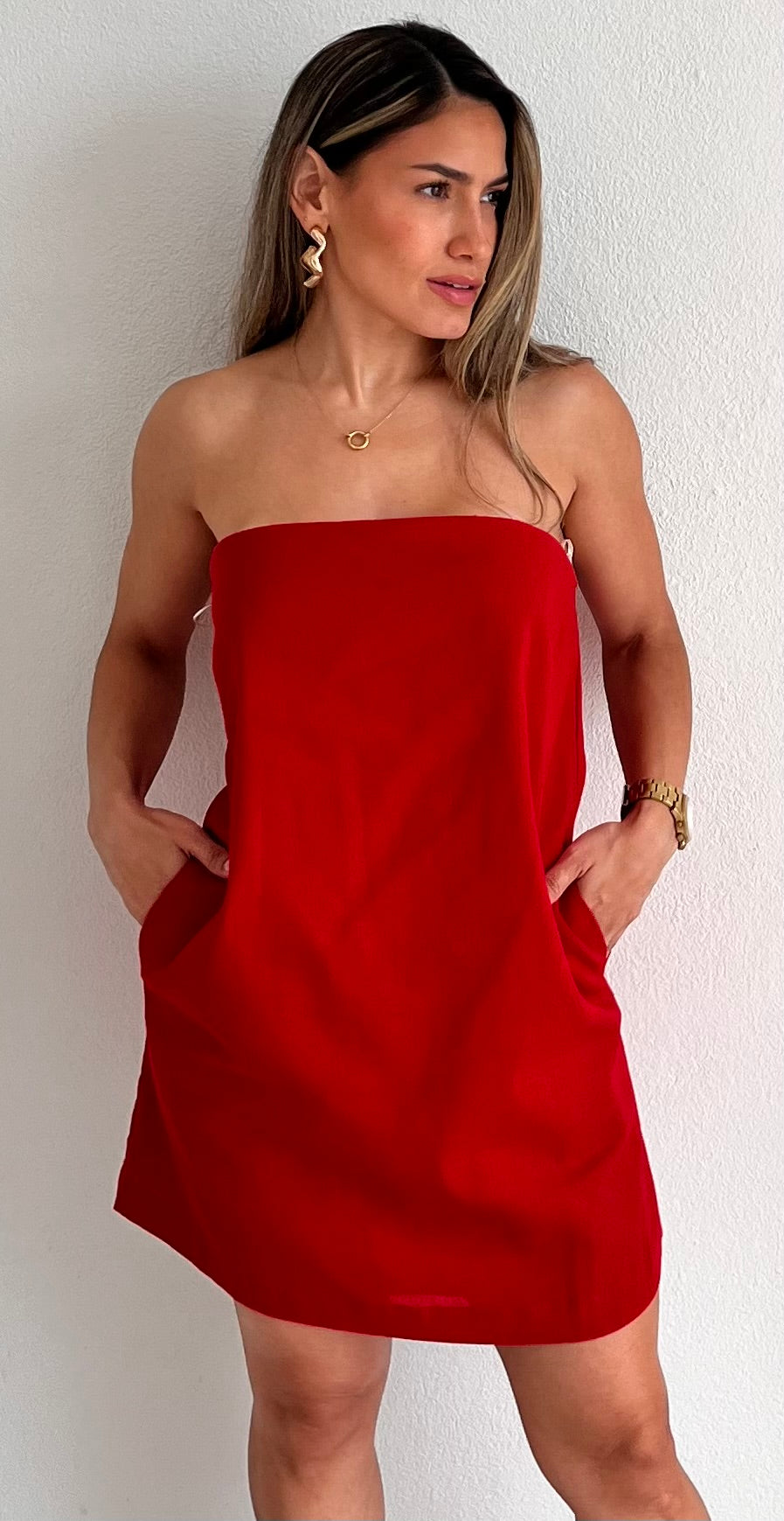 Sun & Style Red Linen Strapless Dress