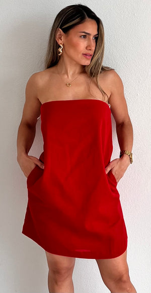 Sun & Style Red Linen Strapless Dress