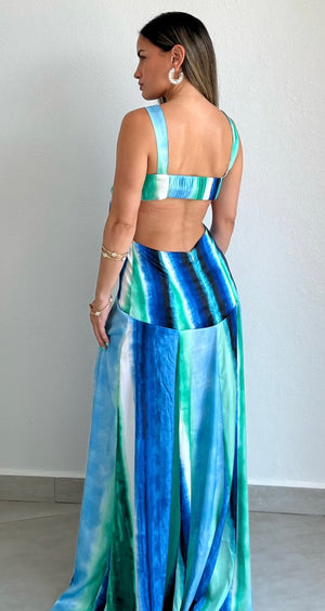 Work of Art Blue Print Satin Maxi Dress