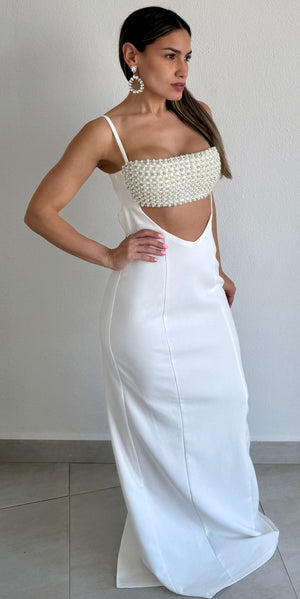 Flirty Luxury White Pearls Maxi Dress