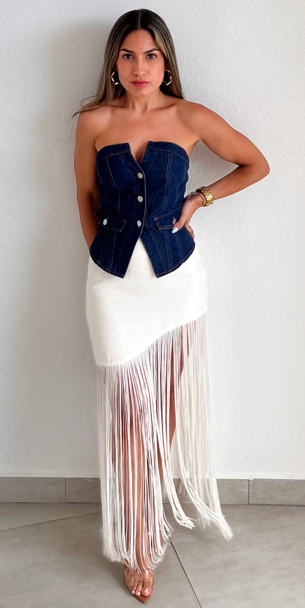 The Vest Strapless Denim Top