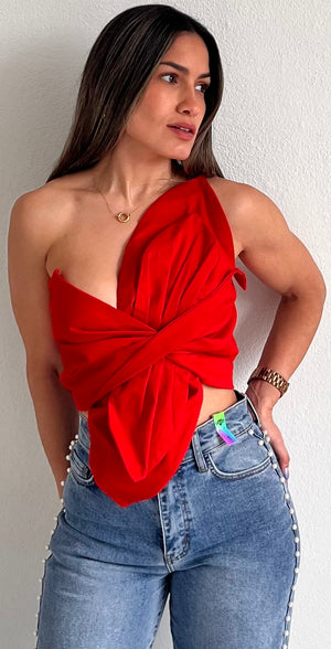 Bloom Style Red One-Shoulder Crop Top