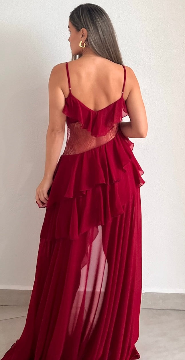 Everything I Do Wine Ruffle Maxi Dress