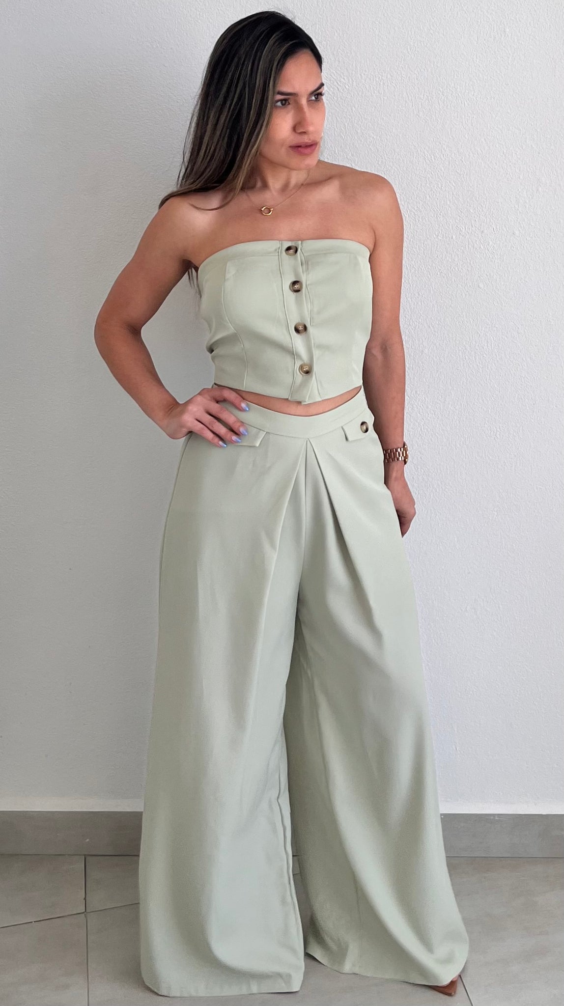 Memorably Stylish Sage Vest Two-Piece Set