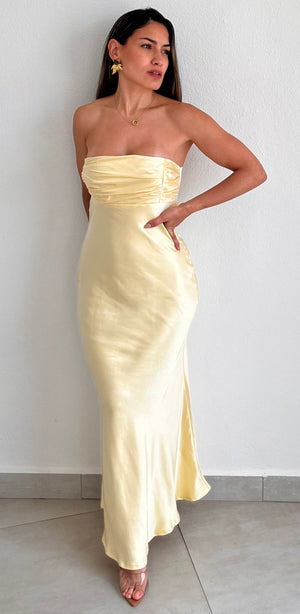 Exquisitely Chic Butter Yellow Satin Long Dress