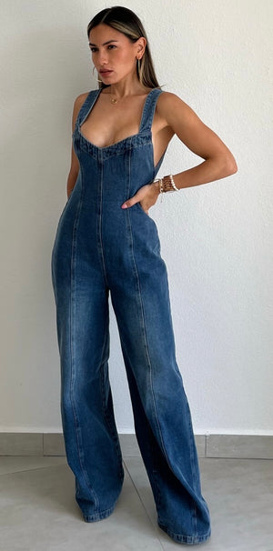 Cool Impression Denim Open Back Jumpsuit