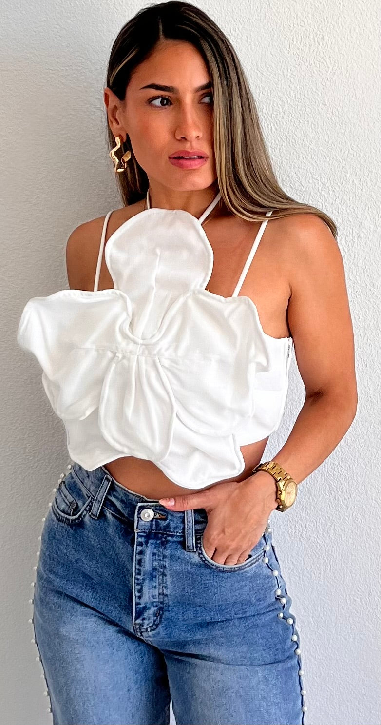Tropical Orchid Look White Crop Top