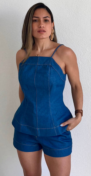 Poised Paring Denim Two Piece Set
