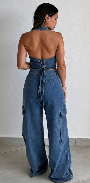 A Perfection Denim Vest Two-Piece Set